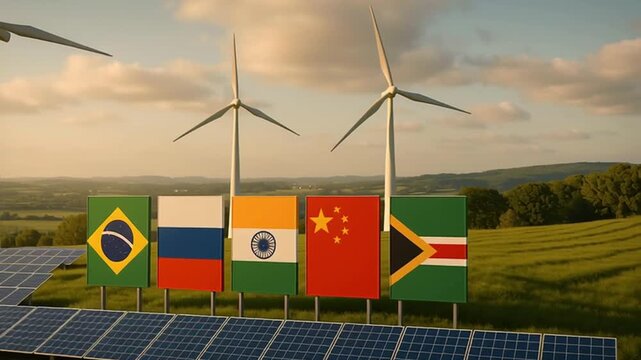 Renewable energy sources represented by BRICS national flags under cloudy skies. 