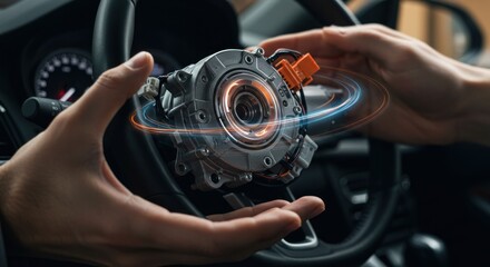 Hands hold steering column component with glowing energy rings inside a car