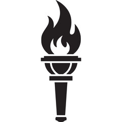 Black torch with flame icon isolated on white background, symbolizing olympic games, victory, and achievement