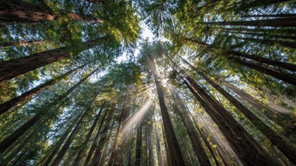 Majestic Redwood Forest: Sunbeams Through Ancient Trees