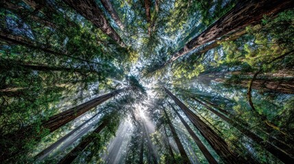 Majestic Redwood Forest: Sunlight Rays Through Ancient Trees