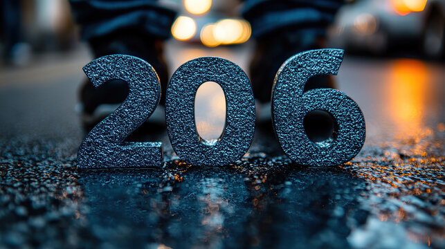 Dark numbers 206 on wet pavement