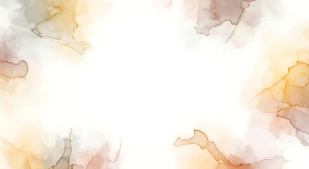 Obraz premium Abstract watercolor splashes in earthy tones with a white background, creating a soft and artistic frame for design