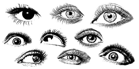 Brutalist eyes gesture set, grainy modern retro y2k grunge pop art style. Elements in stipple brutalist retro design.