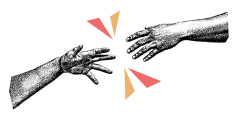 Hands reaching out to each other. Threshold grunge retro art collage element. Cutout grainy clipping shapes, helping hand concept.