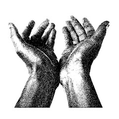 Hands helping gesture with halftone threshold grain style. Threshold grunge y2k retro art collage element. Cutout grainy clipping shapes, helping hand concept.