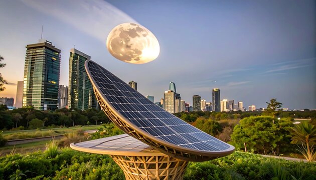 Solar panel sculpture in city park at dusk