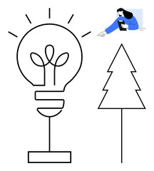 Light bulb with plant inside symbolizing innovative ideas, pine tree representing sustainability, and a person with a tablet interacting. Ideal for innovation, technology, education, creativity
