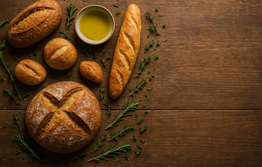 Various artisan breads with olive oil and herbs arranged on wooden surface with copy space
