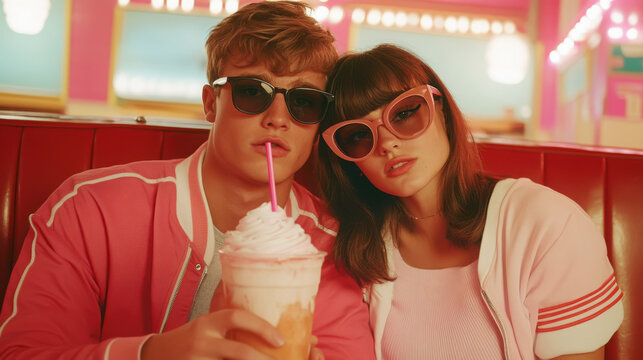 Stylish gen z couple in retro diner setting with milkshake and sunglasses