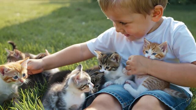 positive cheerful boy holds little kittens outdoor summer