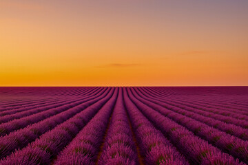 Rows of blooming lavender field at vibrant sunset with orange and purple sky