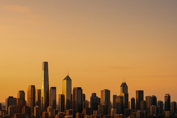 Modern city skyline with high-rise buildings at golden sunset with clear sky
