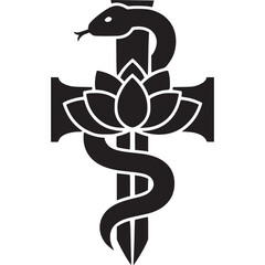 Snake entwined around a cross with a lotus flower isolated on white background, representing a blend of spiritual and medical symbolism