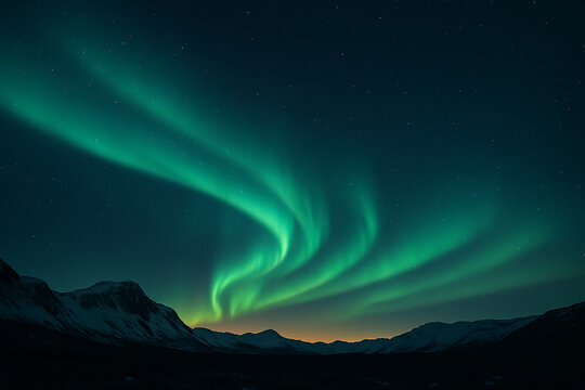 Green aurora borealis dancing in dark night sky over snowy mountains and valley
Category: Nature