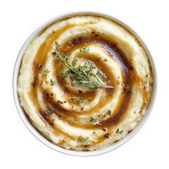 top view of creamy mashed potatoes with brown gravy
