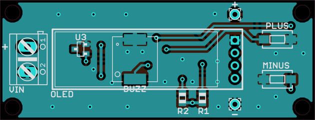 Vector printed circuit board of electronic 
device with components of radio elements, 
conductors and contact pads placed on pcb. 
Engineering technical drawing. Computer technic cad design.