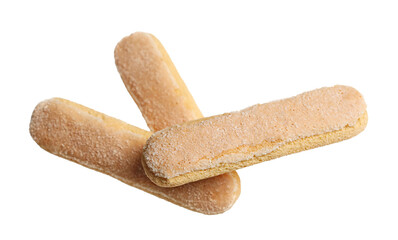 Ladyfinger savoiardi biscuit cookie flying isolated on white, clipping path	