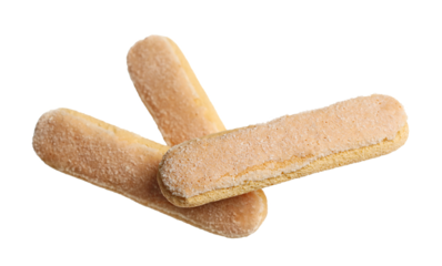 Ladyfinger savoiardi biscuit cookie flying isolated on white, clipping path	