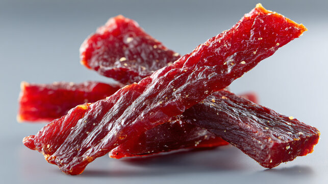 Beef Jerky Snack Dried Meat Protein Food Nutrition Delicious Spicy Savory Appetizer Chewy Packaged Healthy Energy Barbecue Cuisine Colorful Strip Crunchy Gourmet Texture Variety Organic Slice Natural