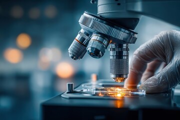 Gloved hand adjusting a microscope in a modern science laboratory with glowing light.