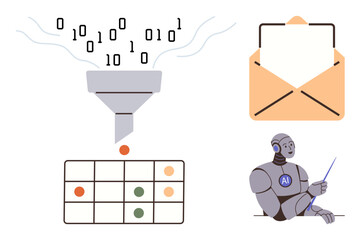 Binary data flows into a funnel, generating organized outcomes in a decision-making table. Robot analyzes results while an envelope symbolizes communication. Ideal for machine learning, data