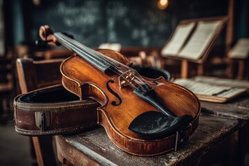 Fototapeta premium An antique wooden violin resting on a rustic table with blurred music scores.
