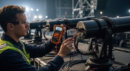 Technician using multimeter to verify circuit continuity of pyrotechnic cannon wiring system for flawless pyrotechnics show.