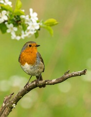 Fototapeta premium Robin perched on branch, spring blossoms
