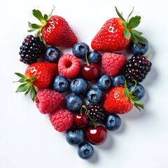 Obraz premium Heart-shaped arrangement of fresh mixed berries including strawberries, blueberries, raspberries, blackberries, cherries. Vibrant natural colors, textures create healthy, organic, appetizing display