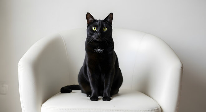 Portrait of a sleek black domestic cat with prominent whiskers and captivating green eyes, posing elegantly on a minimalist white chair