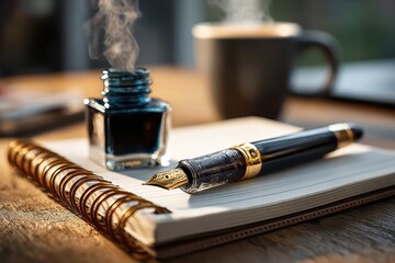 A classic fountain pen, ink bottle, and steaming coffee on a wooden desk.