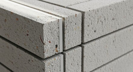 Zoomed view on the edges and seams between stacked papercrete blocks highlighting precision fitting and innovative building techniques for energy savings.