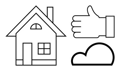 Black and white line art depicting a house, a thumbs-up hand gesture, and a cloud. Ideal for concepts thumbs up approval, home ownership, weather, digital services, environment, positivity