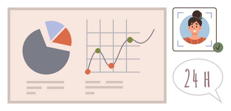 Pie chart and line graph represent data trends, verified user profile highlights identity, plus real-time clock symbol for continuous operations. Ideal for business, analytics, customer service