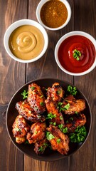 Spicy chicken wings with dipping sauces