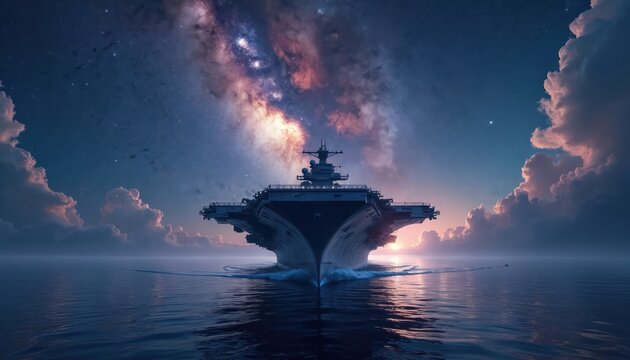 Massive aircraft carrier sails on calm ocean under starry night sky. Clouds glow with sunset hues. Naval vessel represents power, exploration, vastness of space. Military power, advanced technology,