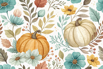 Watercolor autumn harvest pattern with pumpkins flowers and leaves in a seamless repeat design of fall season
