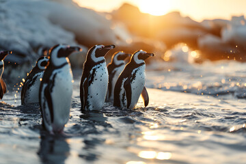 Gentle penguins stroll along the rocky shoreline during sunset in Antarctica