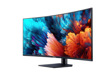 Wide display, vibrant colors, abstract art on a sleek monitor