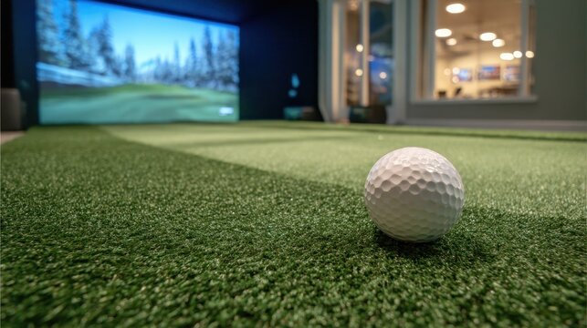 Premium photo of golf simulator room with a white golf ball on the artificial turf.