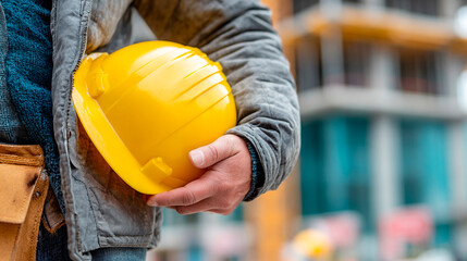 Construction worker holding a yellow safety helmet on a construction site. Building industry.