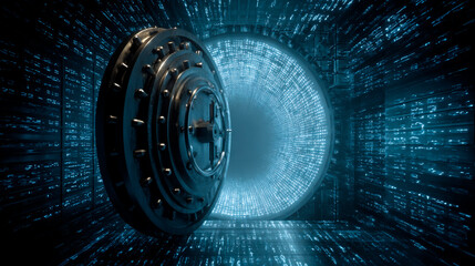 A large vault door leads into a room filled with digital code, symbolizing data security.