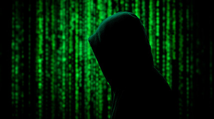 Silhouette of hooded figure against a backdrop of digital rain, symbolizing anonymity or coding.