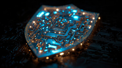 A gleaming shield with circuit patterns, symbolizing cyber security, data protection, and digital safety.