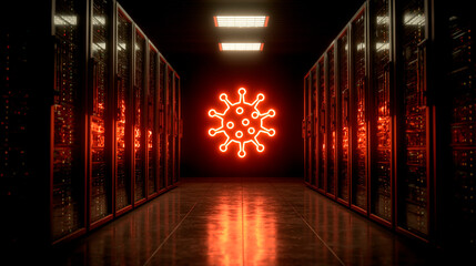 Server room with red virus symbol. Implies digital threat to systems and data security.