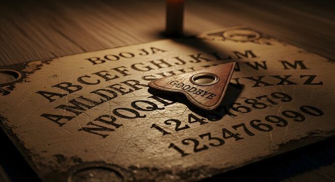 Whispers from the other side, a vintage spirit board s&eacute;ance ends with a final goodbye message in a dark, candlelit room.