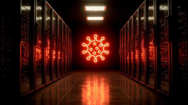 Server room with red virus symbol. Implies digital threat to systems and data security. - Powered by Adobe