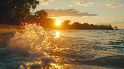 Golden sunset over tranquil beach waves