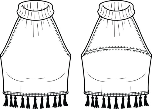 Sleeveless halter neck tops front views, high neckline design, tassel fringe hem, chest seam variation, flat technical garment sketch, apparel fashion vector illustration